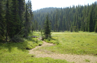 Crossing a meadow with a small lake on the Sheep Rock trail 2009-08.